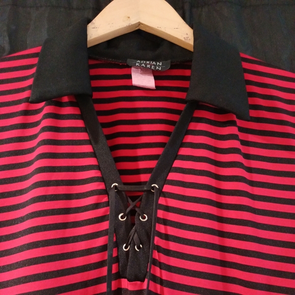 Vintage 90's Adrian Karen Striped Red & Black Pullover Collared Dress 1X - Picture 2 of 5
